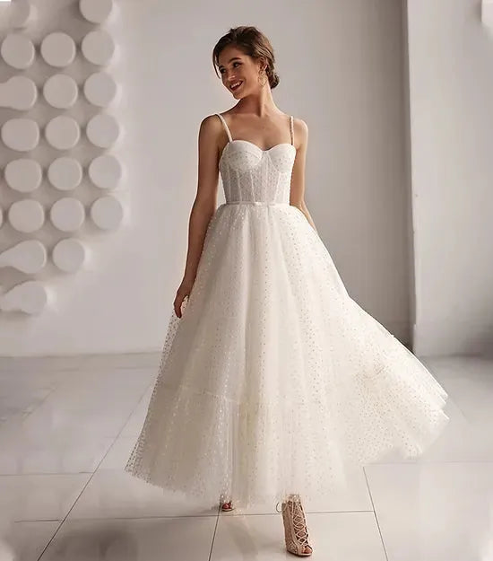 Simple A-Line Tulle Wave dot Wedding Dress Sleeveless Strapless Bridal Gowns Sexy Spaghet Strap Backless Lace Up Ankle-Length As Picture