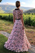 Amanda High Neck Evening Dress 3D Flower Prom Dress 2023 Pink Lace Embroidery Party Dress A-line