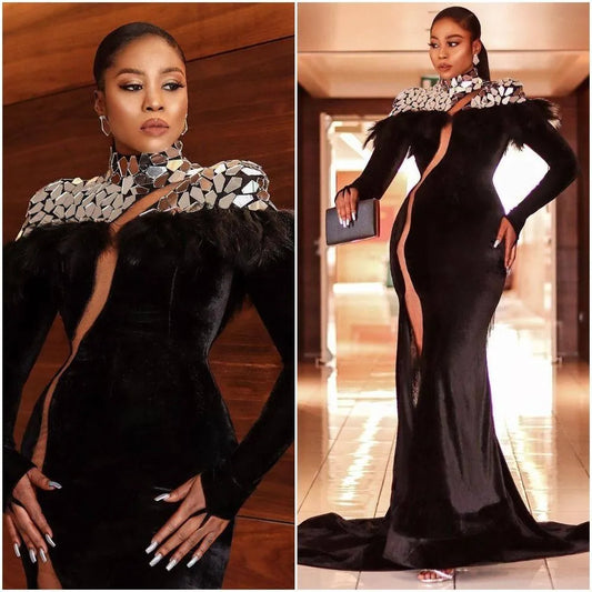 Long Sleeve Mermaid Celebrity Dress Crystal Feather Velvet Red Carpet Dresses High Neck Evening Gowns