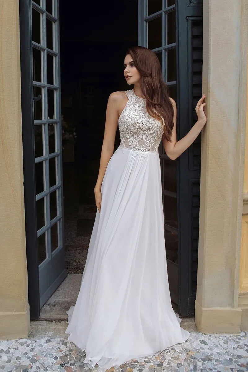 Fall In Love Dress Custom Beach Boho Wedding Dress Halter Neck Hollow Back Lace Appliques A-Line Chiffon Country Bridal Gown