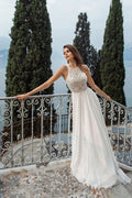 Fall In Love Dress Custom Beach Boho Wedding Dress Halter Neck Hollow Back Lace Appliques A-Line Chiffon Country Bridal Gown