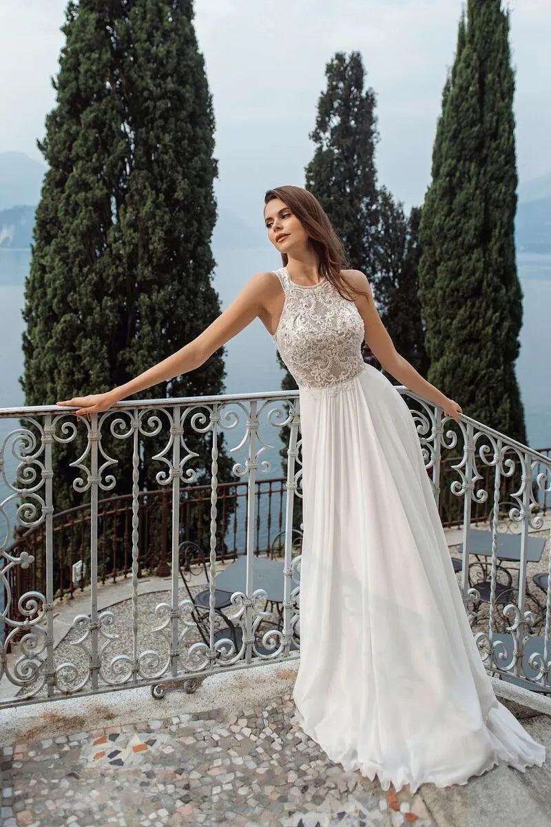 Fall In Love Dress Custom Beach Boho Wedding Dress Halter Neck Hollow Back Lace Appliques A-Line Chiffon Country Bridal Gown