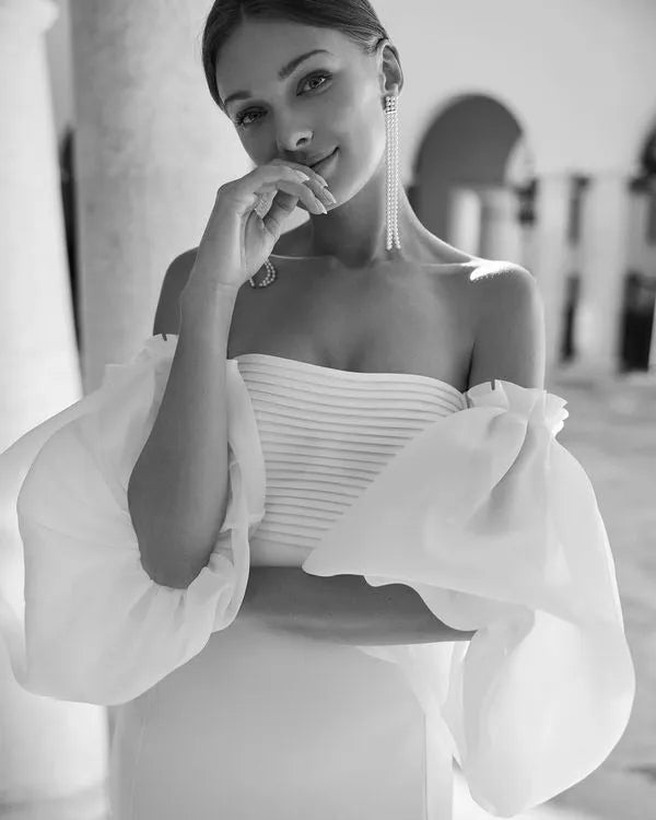 Detachable Sleeves and Detachable Georgette Train Wedding Dress Modern Mermaid Satin Bridal Gown Princess Court Train Bow Vestido De Novia