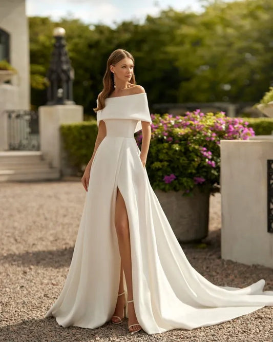 Classic Formal Off Shoulder Wedding Dresses For Women Elegant Sexy Mermaid Side Split Sweep Train Bridal Gowns Robe De Soirée White
