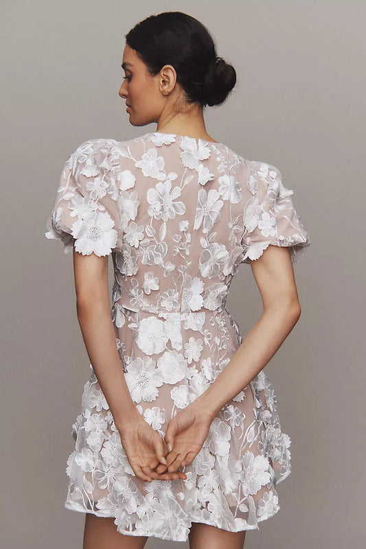 Selene Short-Sleeve V-Neck 3D Floral Lace Mini Dress
