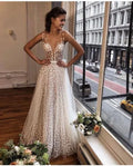 Spaghetti Straps White Wedding Dresses Lace Appliqeus V-Neck Illusion Back Floor Length Bridal Gowns Vestidos De Novia