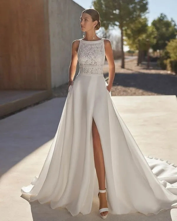 Romantic A-Line Wedding Dress Modern Mermaid Satin Vestido De Novia Bridal Gown Princess Court Train Bow