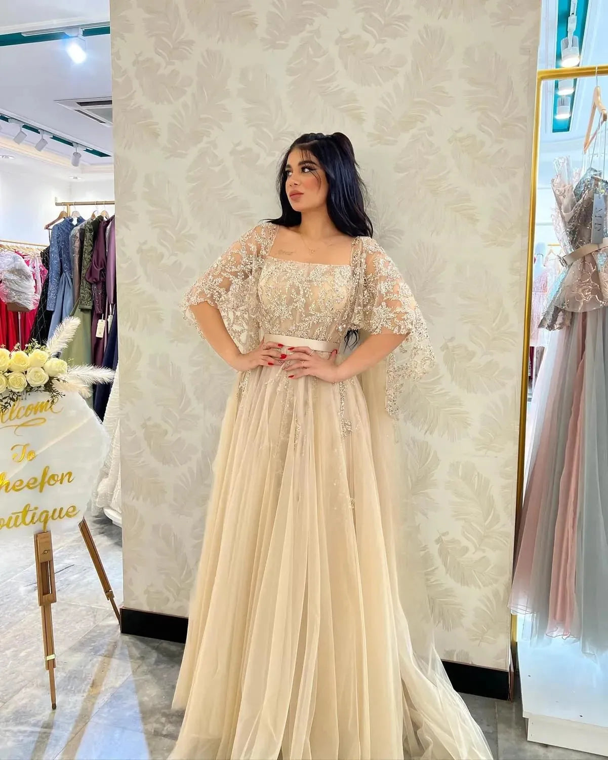 Champagne Appliques Lace Saudi Arabia Prom Dresses Cap Sleeves A Line Formal Evening Gowns Women Special Party Dress