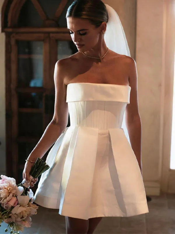 Elegant Strapless Pleat Short Wedding Dress For Women Simple Backless