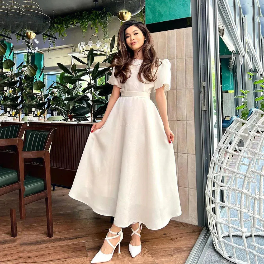 Charmante Prom Jurken Elegante O-hals Riem Korte Pofmouwen Avondjurken