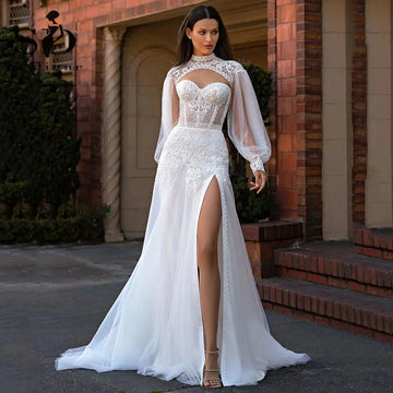 Luxury Boho Wedding Dresses Lace Appliques Mermaid Bride Dresses With Detachable Jacket Side Split Bridal Gown Gown As Picture