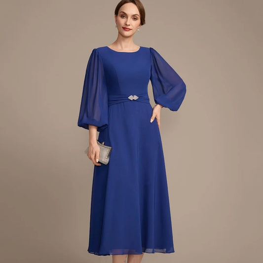 Customized Mother of Dresses Simple A Line Evening Gowns Lantern Sleeve Elegant Crytal Bride Party Dress robes invitée mariage picture color