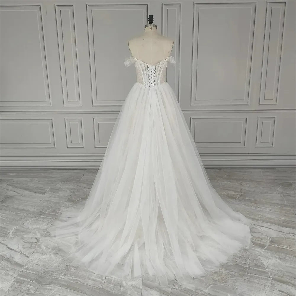 Real Photos Off Shoulder A-line 3D Flowers Lace Wedding Dress With Sequined Appliques Bride Gown For Women Custom Made
