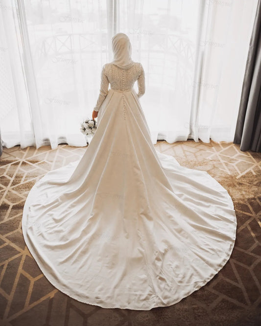 Elegant Muslim Wedding Dresses Long Sleeve A-Line Hajab Bridal Dress Vestido De Noiva 2024 Dubai Arabic Bridal Gowns