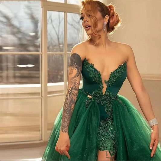 Luxury Cocktail Ball Gown Prom Dress Green Detachable Tail Formal Occasion Dresses Sweep Train Evening Dress