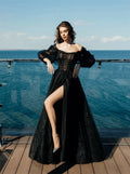 Glitter Black Prom Dress Shiny Puffy Sleeve Sexy Side Split Formal Occasion Dresses Gothic Wedding Party Dress