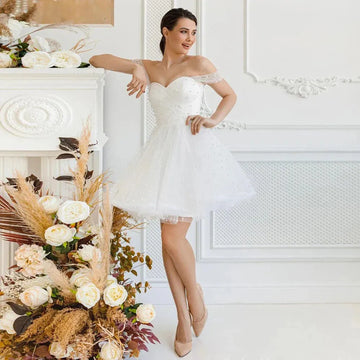 Luxury Wedding Dresses Off The Shoulder Sweetheart Pearls A Line Mini Bridal Gown Lace-up Corset Wedding Gowns White
