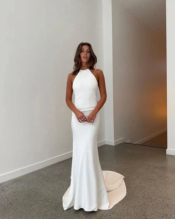 Simple Mermaid Wedding Dresses Halter Boho Wedding Bride Gown Sexy Backless Soft Satin Bridal Dress Robe De Mariee