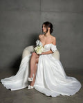 Soft Satin A Line Wedding Dresses Side Slit Simple Off The Shoulder Pleat Custom Made Formal Bridal Gown Rode De Morrie