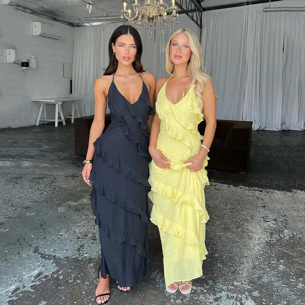 Vestidos de fiesta largos amarillos sin mangas con volantes en capas s