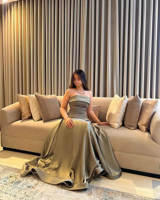 Satin Mermaid Evening Dresses Women Arabic Gown Strapless A Line Crystal Formal Party Dress Dubai Banquet Prom Gowns
