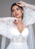 Elegant Two-Pieces Lace Mini Bride Robe For Wedding Sexy Flare Sleeves Soft Tulle Bridal Shower Dress Women Night Gwon