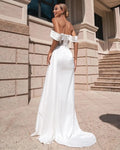 Elegant Solid White Wedding Dresses off The Shoulder Side Slit Satin Tight Formal Bride Dress Lace Pleated Bridal Gown