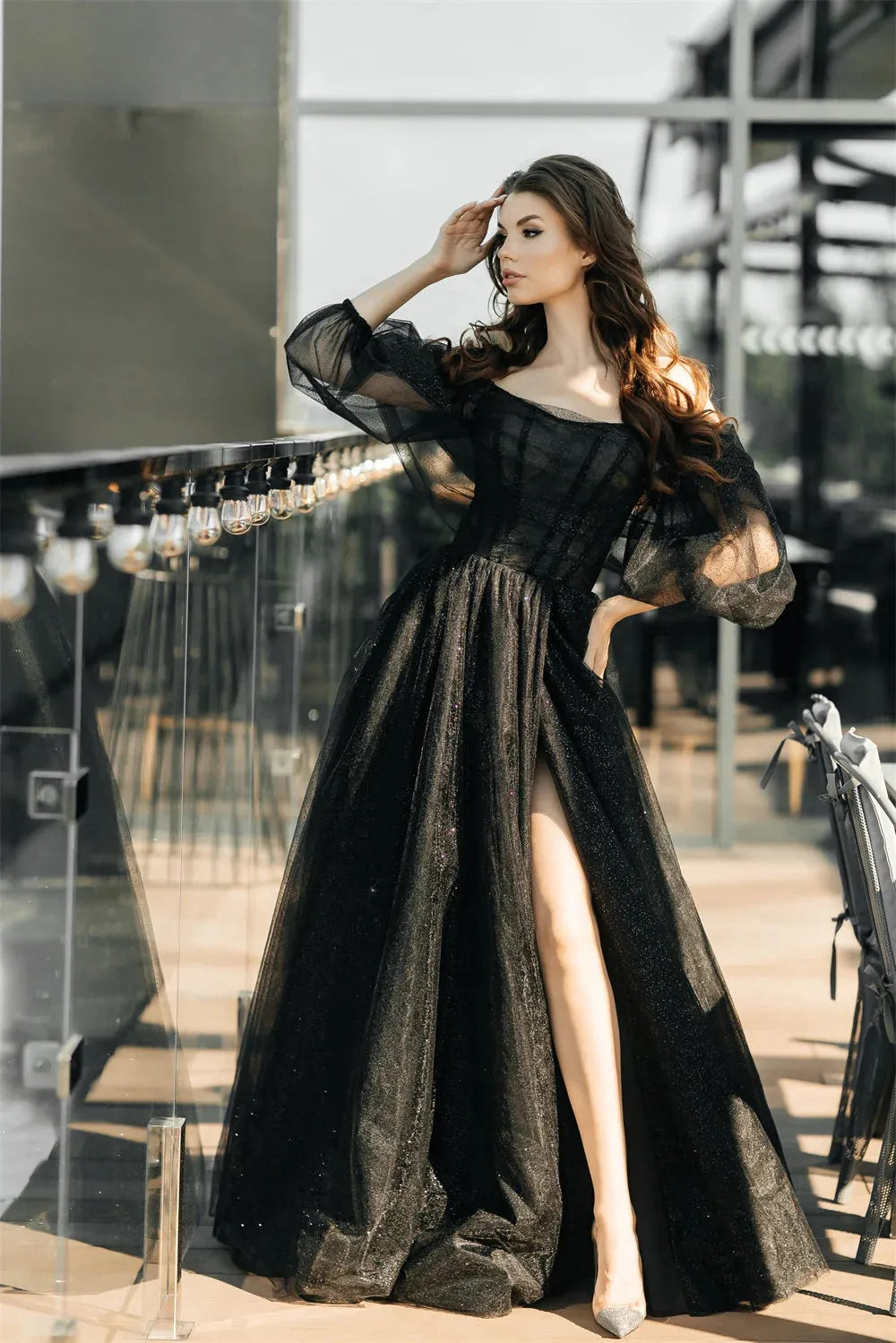 Glitter Black Prom Dress Shiny Puffy Sleeve Sexy Side Split Formal Occasion Dresses Gothic Wedding Party Dress