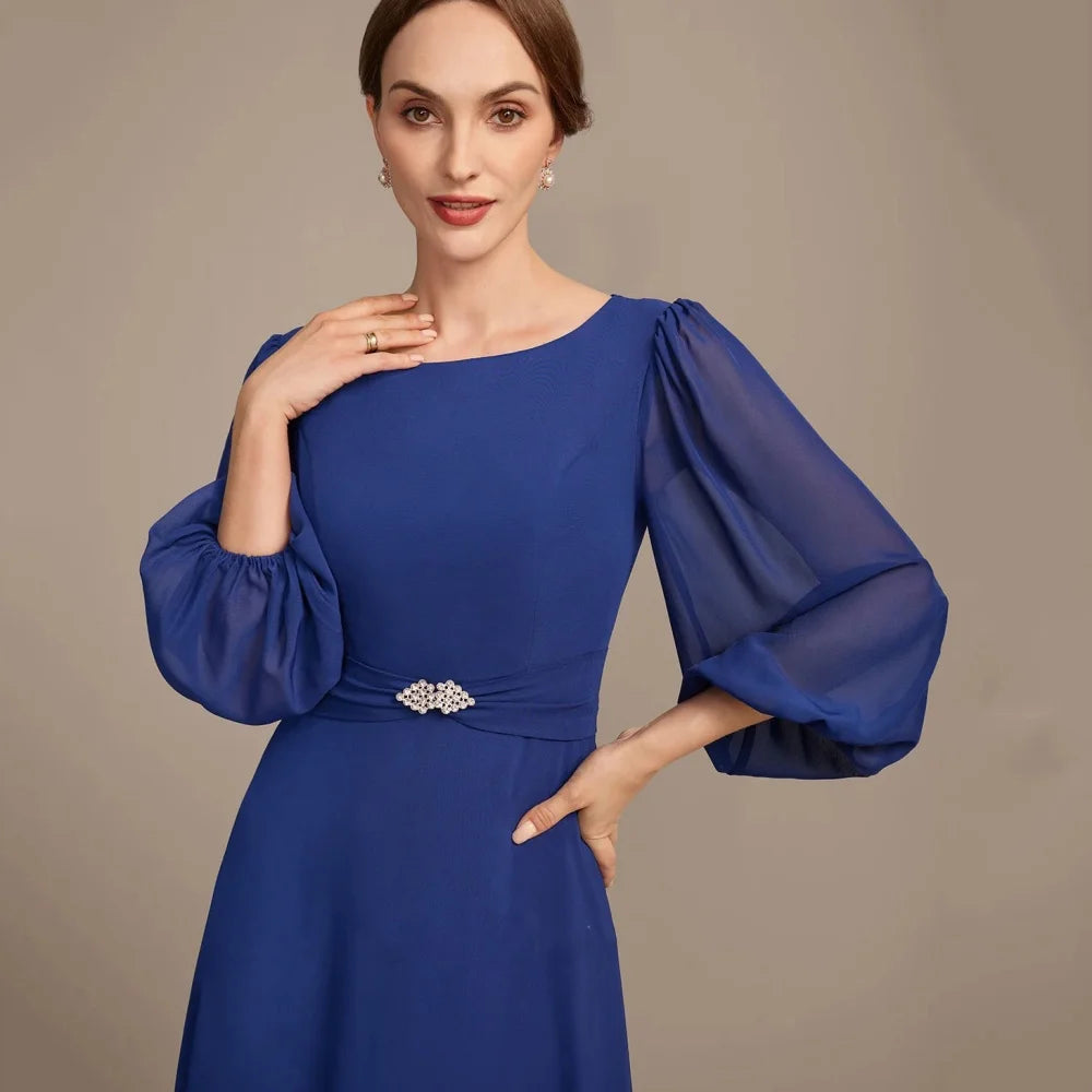 Customized Mother of Dresses Simple A Line Evening Gowns Lantern Sleeve Elegant Crytal Bride Party Dress robes invitée mariage