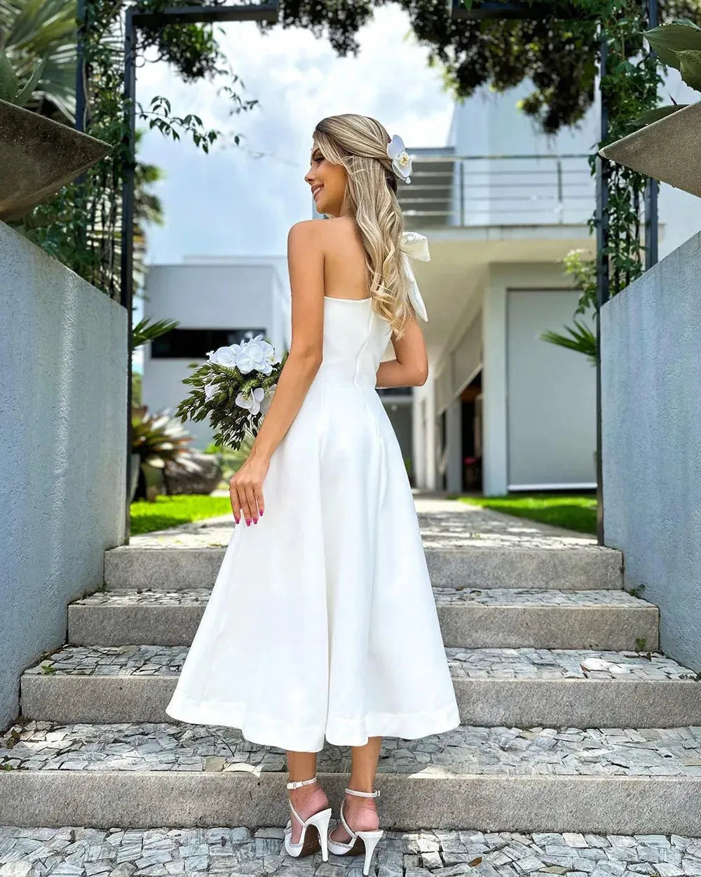 Tea length Wedding Gowns One Shoulder Bow Satin Wedding Party Dress Elegant Simple Women Bridal Gown