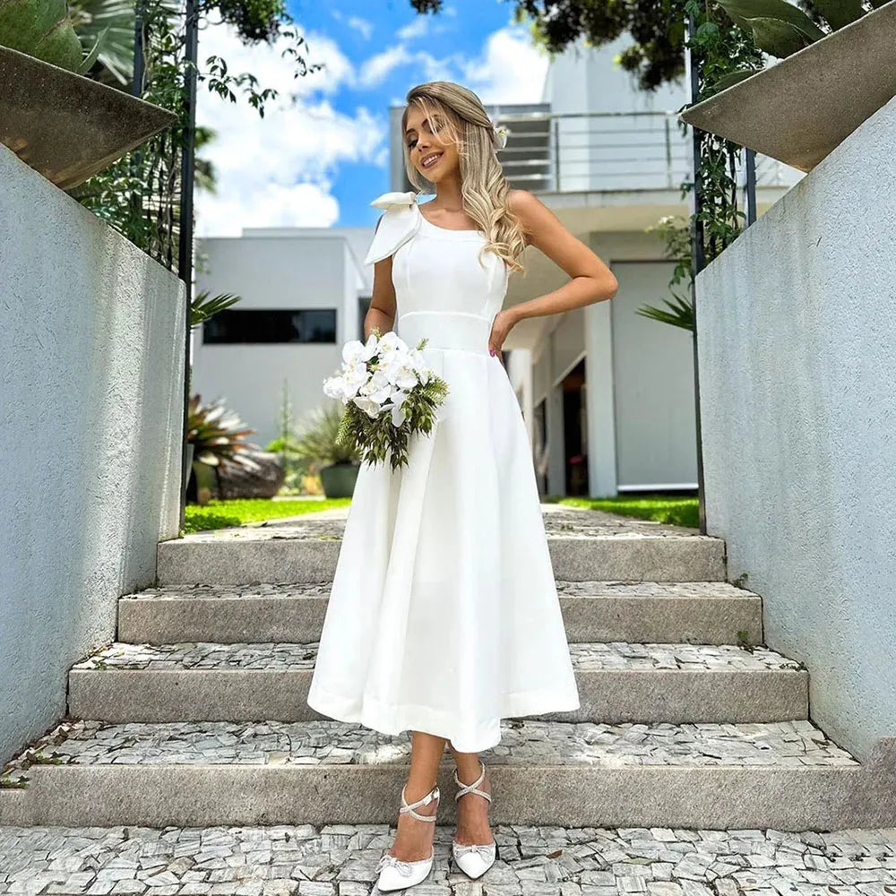 Tea length Wedding Gowns One Shoulder Bow Satin Wedding Party Dress El
