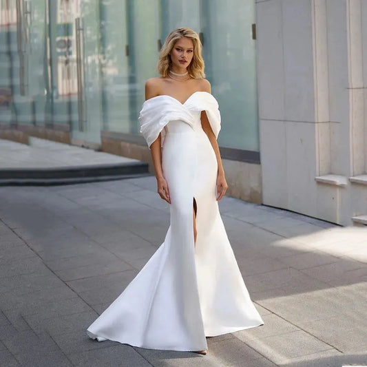 White Satin Off Shoulder Wedding Dresses Mermaid Bridal Gowns Side Split Pleat Satin Sexy Wedding Party Bride Gown Ivory