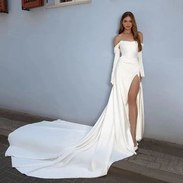Elegant Side Split Wedding Dresses Off The Shoulder Mermaid Bridal Gowns Satin Bride Dress Robe De Mariéé Court Train Ivory