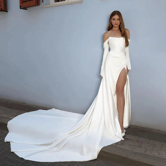 Elegant Side Split Wedding Dresses Off The Shoulder Mermaid Bridal Gowns Satin Bride Dress Robe De Mariéé Court Train Ivory