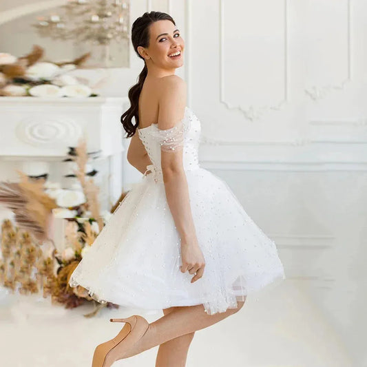 Luxury Wedding Dresses Off The Shoulder Sweetheart Pearls A Line Mini Bridal Gown Lace-up Corset Wedding Gowns