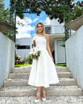 Tea length Wedding Gowns One Shoulder Bow Satin Wedding Party Dress Elegant Simple Women Bridal Gown