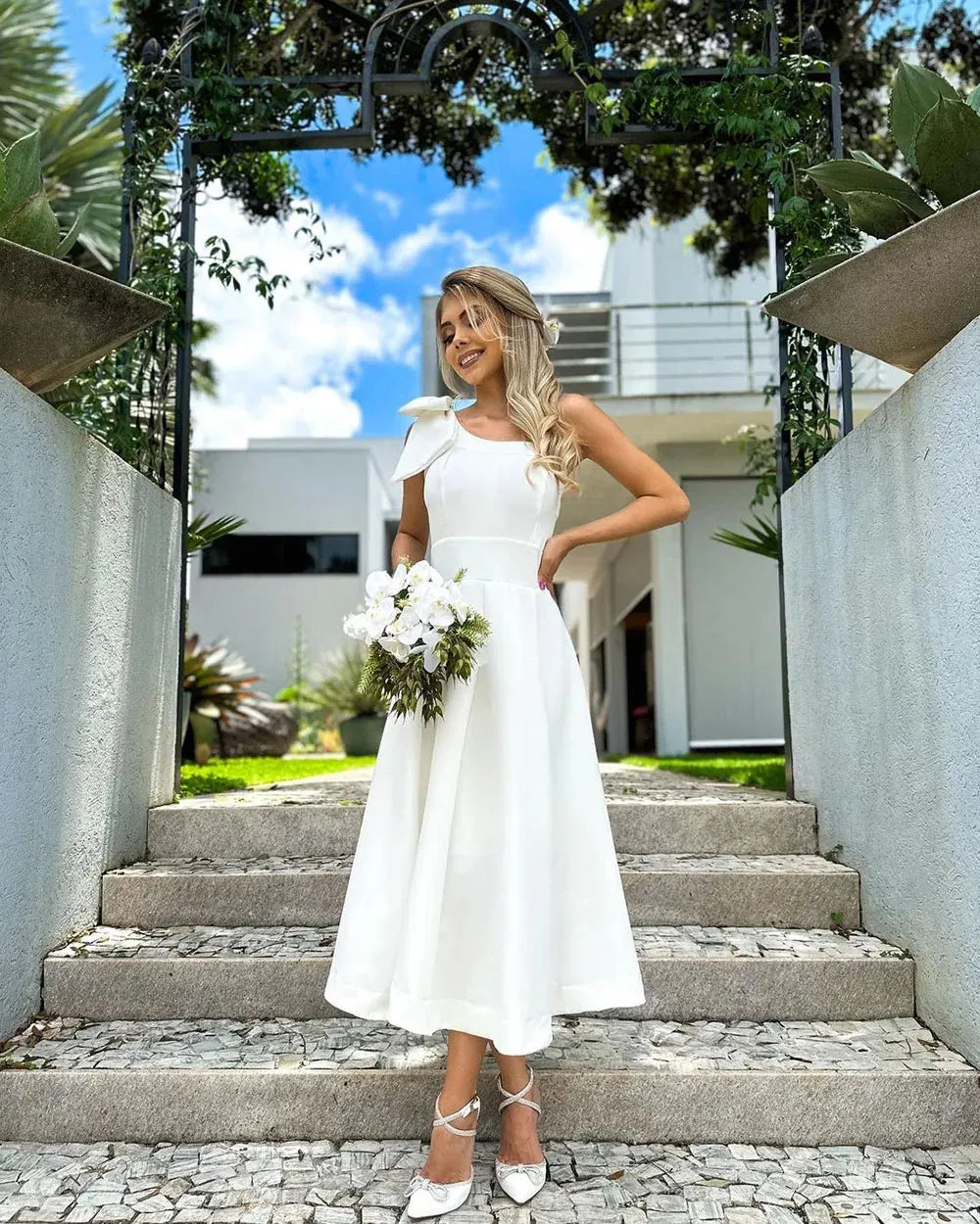 Tea length Wedding Gowns One Shoulder Bow Satin Wedding Party Dress Elegant Simple Women Bridal Gown