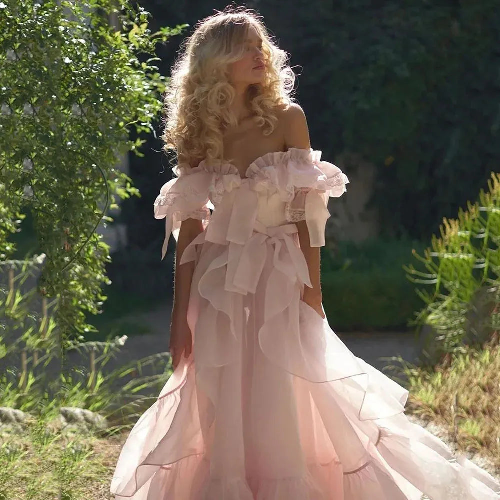 Dreamy Peach Puff Sleeves Prom Dresses Organza Ruffles Bow Long Prom G