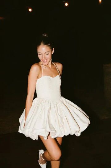 Mini Sexy Halter Sweetheart Stain Evening Dress Charming Sequins A-Line Short Sleeveless Pleated Prom Party Gowns Ivory
