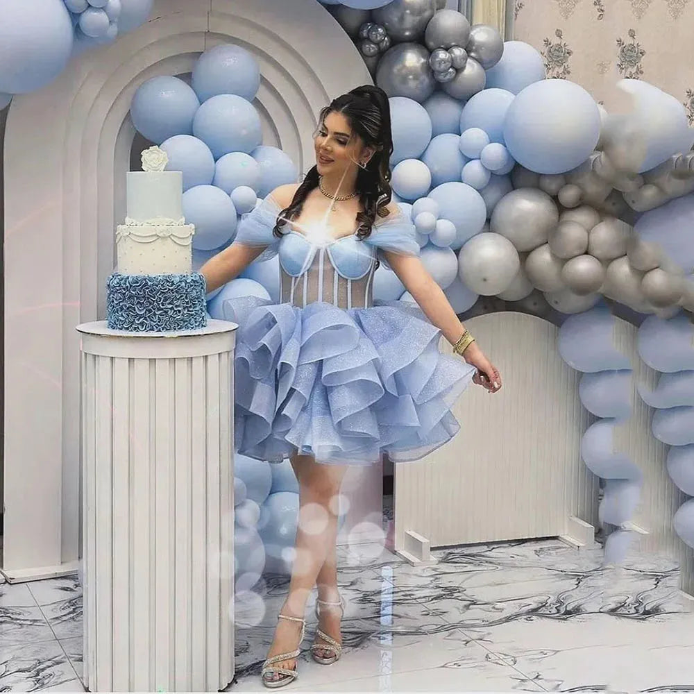 Sexy Off Shoulder Glitter Organza Cocktail Party Dress Prom Dress Part