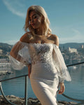 Boho Crape Mermaid Wedding Dresses Puff Sleeves Lace Appliques Beach Bride Dress Elegant Beach Wedding Gown