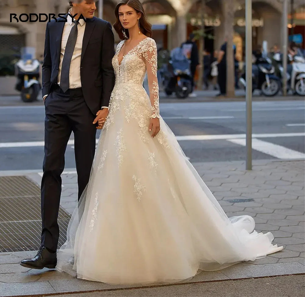 Luxury A Line V Neck Wedding Dresses For Women Long Sleeves Bridal Gowns Appliques Button Back Vestido De Novia