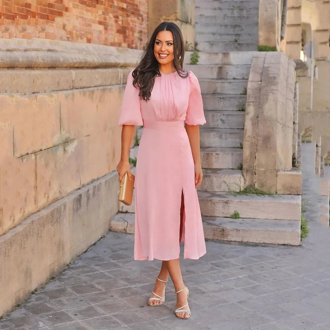 Short Sleeves Pink Evening Dresses Satin Wedding Party Wear Prom Dress