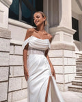 Elegant Solid White Wedding Dresses off The Shoulder Side Slit Satin Tight Formal Bride Dress Lace Pleated Bridal Gown