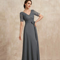 Mother Of The Bride Dress - Formal V Neck Evening Gowns A Line Elegant Bride Party Dress Lace Bow robes invitée mariage GRAY