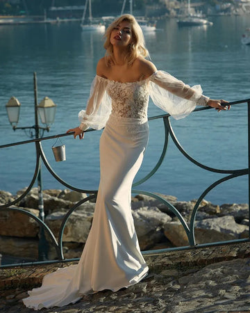 Boho Crape Mermaid Wedding Dresses Puff Sleeves Lace Appliques Beach Bride Dress Elegant Beach Wedding Gown Custom Color