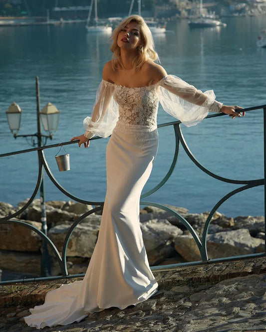 Boho Crape Mermaid Wedding Dresses Puff Sleeves Lace Appliques Beach Bride Dress Elegant Beach Wedding Gown Custom Color