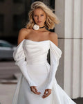 Satin A Line Wedding Dresses With Detachable Train Off The Shoulder Pleats Bride Gowns Women Wedding Gowns Custom