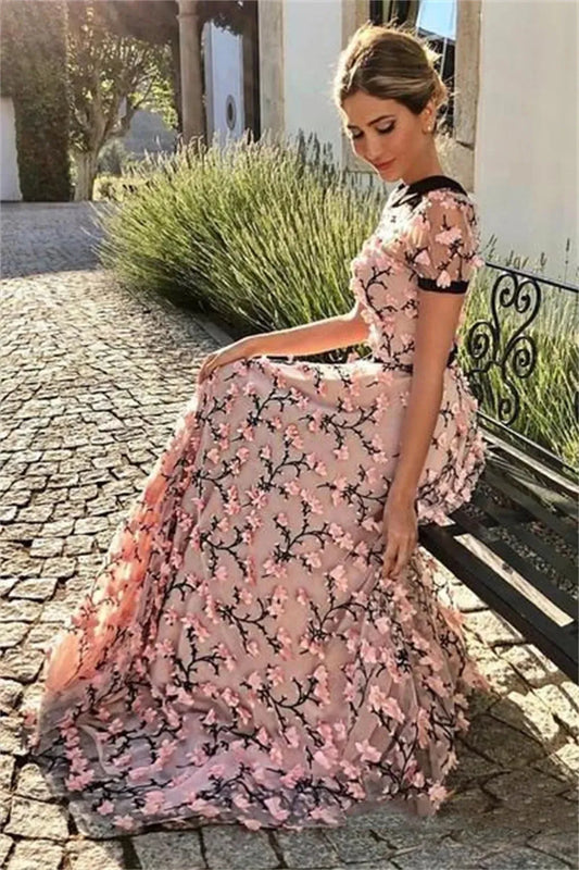 Amanda High Neck Evening Dress 3D Flower Prom Dress 2023 Pink Lace Embroidery Party Dress A-line