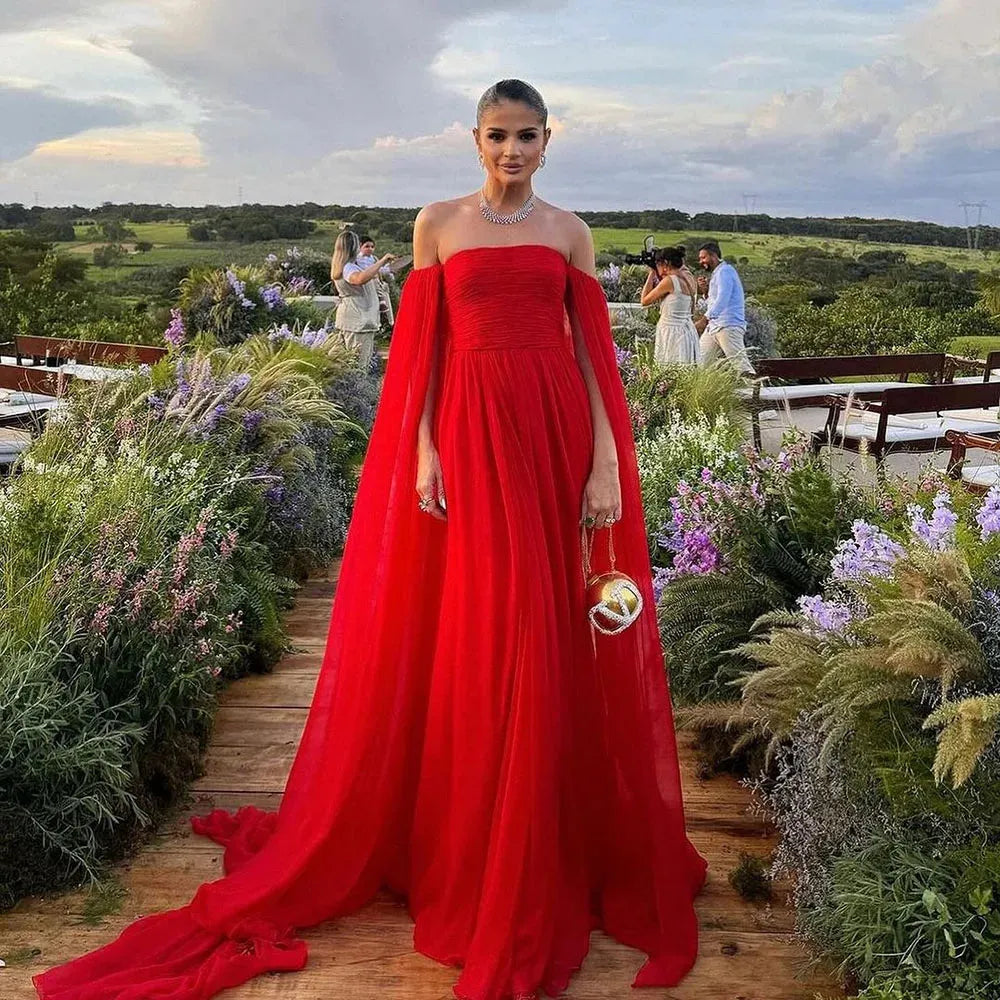Red Evening Dresses With Draped Sleeves Wedding Guest Dress Pleats Bac